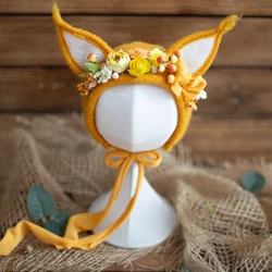 Bonnet fleur de renard en feutre de laine pour nouveau-né, accessoires de photographie, chapeau de jardin floral animal pour bébé, séance photo