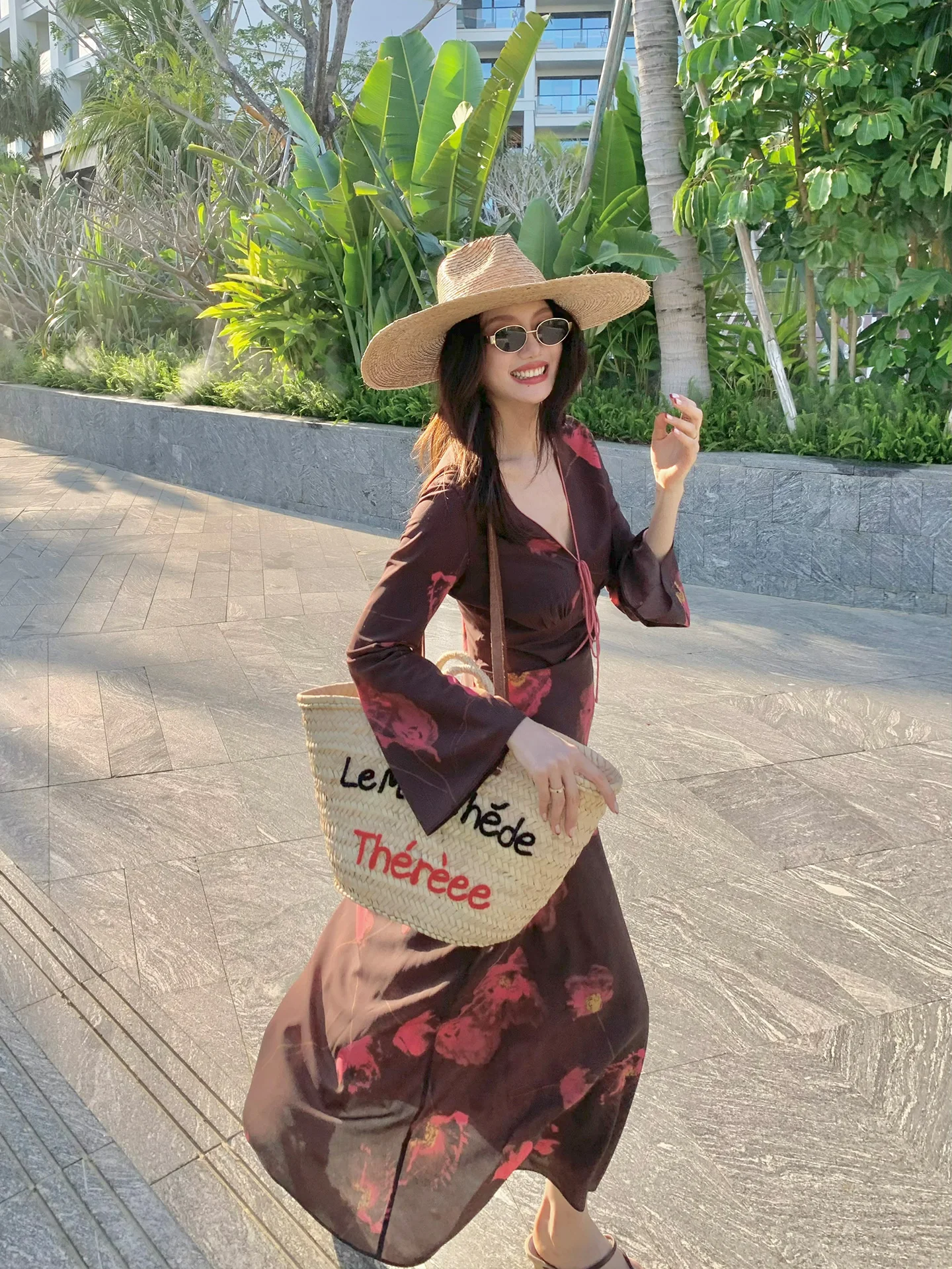 

Dragon Xier Floral Print Long Dress Women's Vintage Style Floral Atmosphere Bell Sleeve Slimming Fish Tail Dress J113