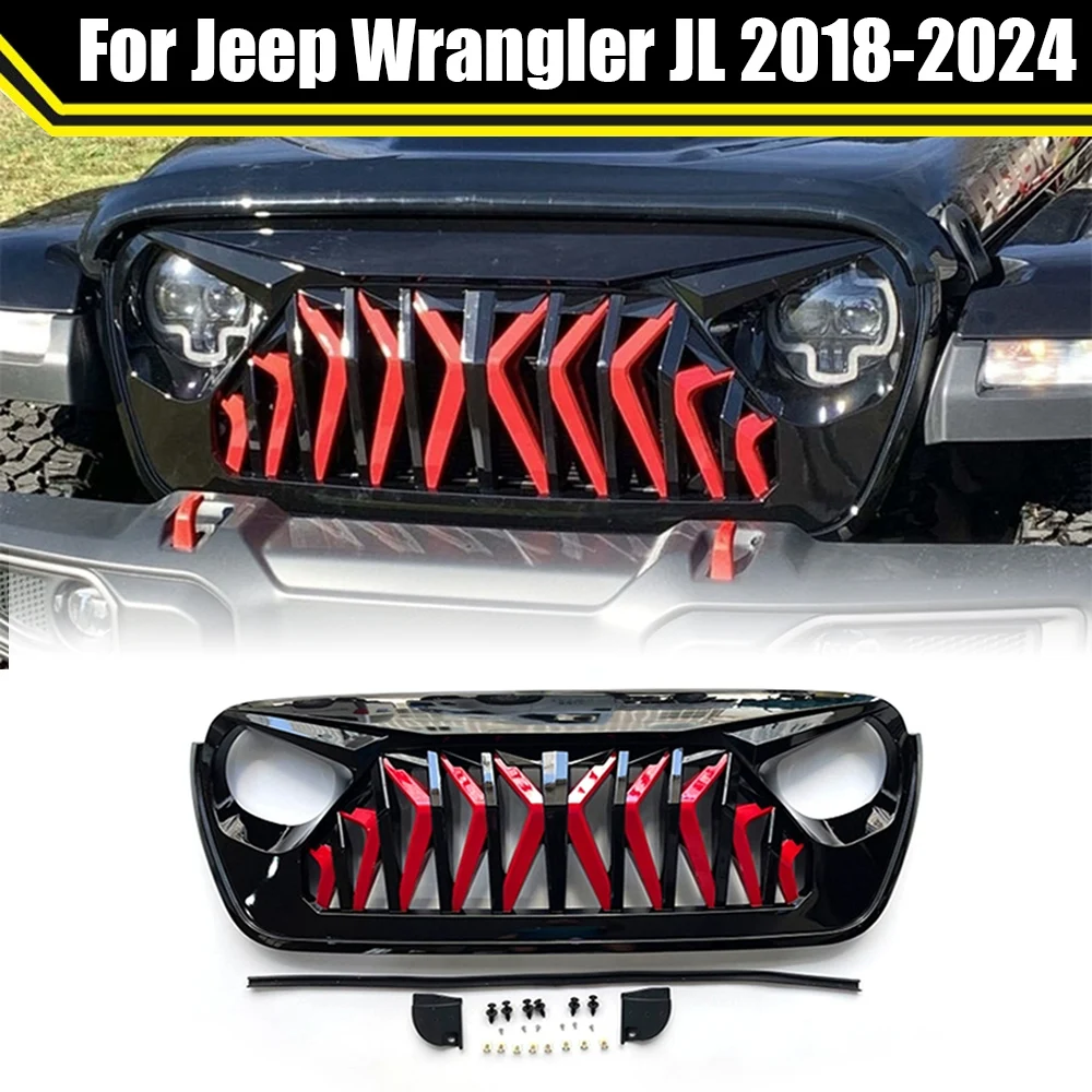 Modified Grille For Jeep Wrangler JL 2018-2024 Car Upper Racing Grills With Yellow Lights Front Hood Bumper Mesh Vent Mask Grill