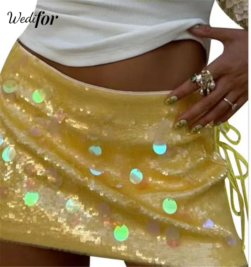 Wedifor New Fashion Sequins Mini Skirts Glitter High Waist Lace Up Slim Skirt Sexy Nightclub Party Female Clothes Dropshipping