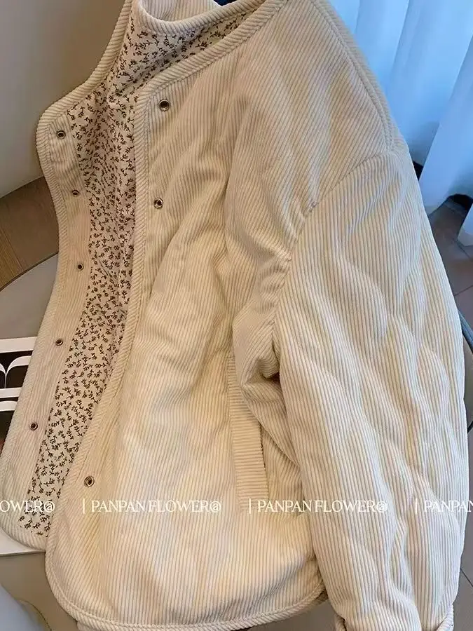 Cotton Jacket Women's Loose Style Corduroy Patchwork Floral Diamond Grid Design Winter New Fashion Outerwear Coat