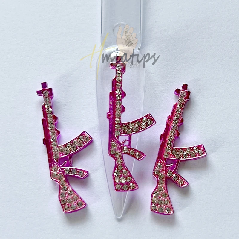 Hot Pink Alloy Gun Shape Nail Charms Luxury Bunny DIY Glitter Nail Art Decorations Press on Salon Acrylic Manicure Decor Tools