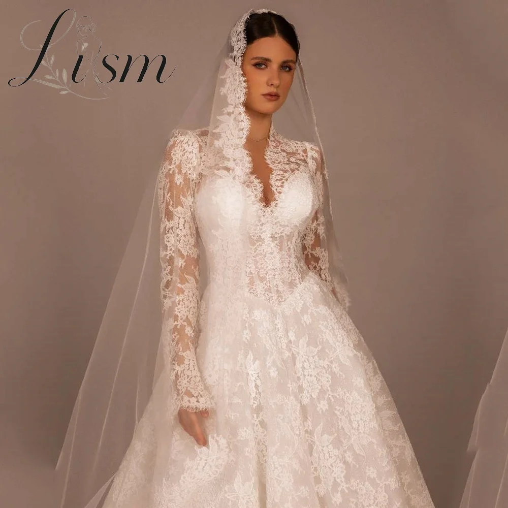 Lism Gorgeous Lace High Neck Deep-V Wedding Dresses For Woman A-Line Long Sleeve Bridal Gown Vestidos De Novia 2026 Customized