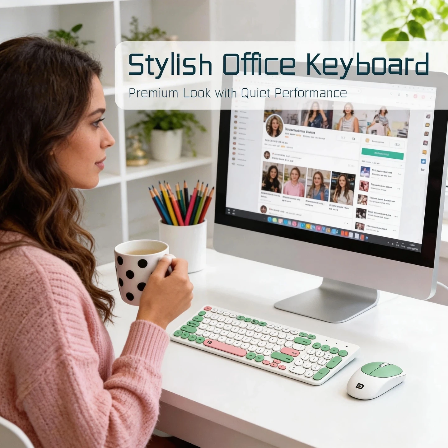 Wireless Keyboard and Mouse Combo With Cleaning Brush, Full Size 96-Key Retro Typewriter Keyboard With Round Keycaps, Portable Mouse Desk Care Set, Aesthetic Cute Colorful Desk Setup Home Office Keyboard, Multi-Color Options, 2.4G Plug& Play