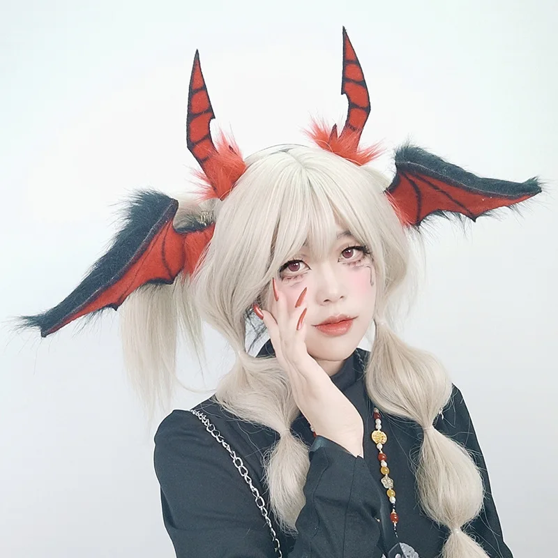 Halloween Hell Demon Cosplay Bat Ears Headpiece Black Red Plush Ears Headdress For Women Carnival Party Role Play Accessories