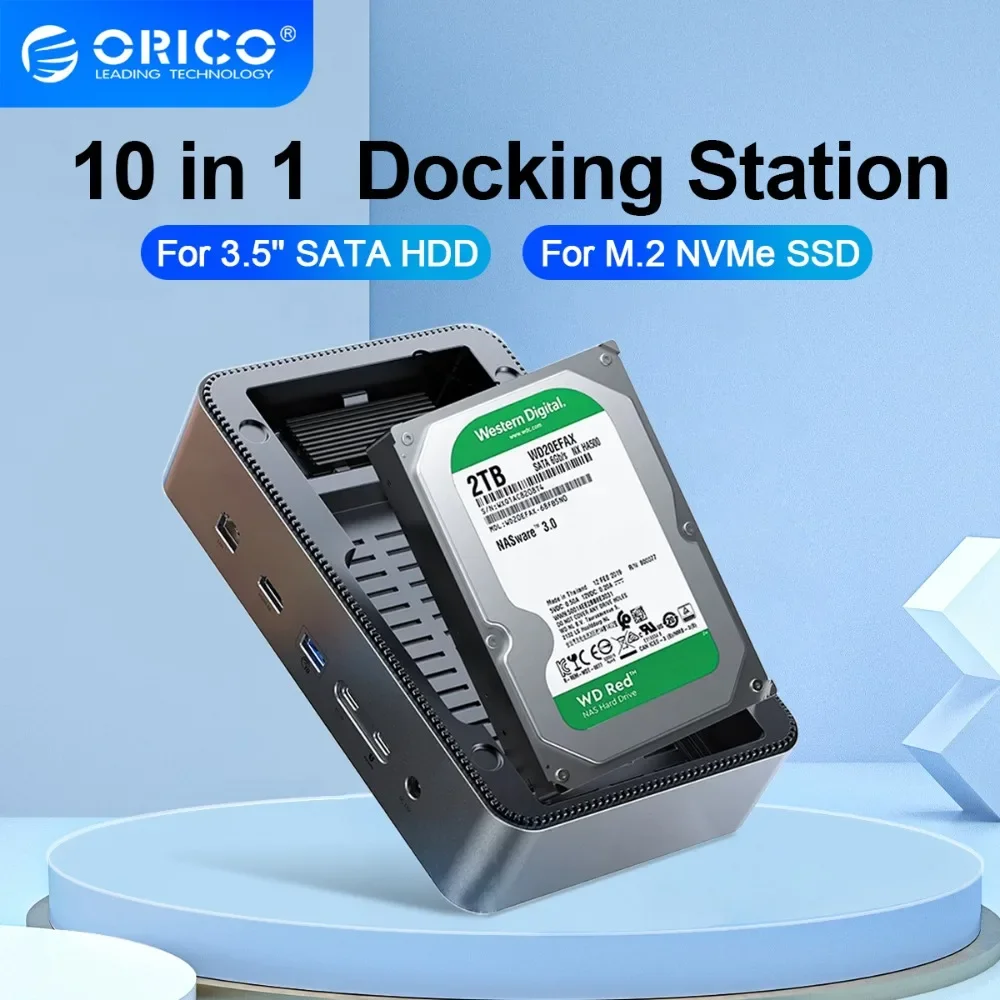 ORICO Docking Station Deck with Dual M.2 NVME SSD Case 3.5 Hard Drive Enclosure Steam Dock 10 in 1 HDMI 4K60Hz PD100W Ethernet