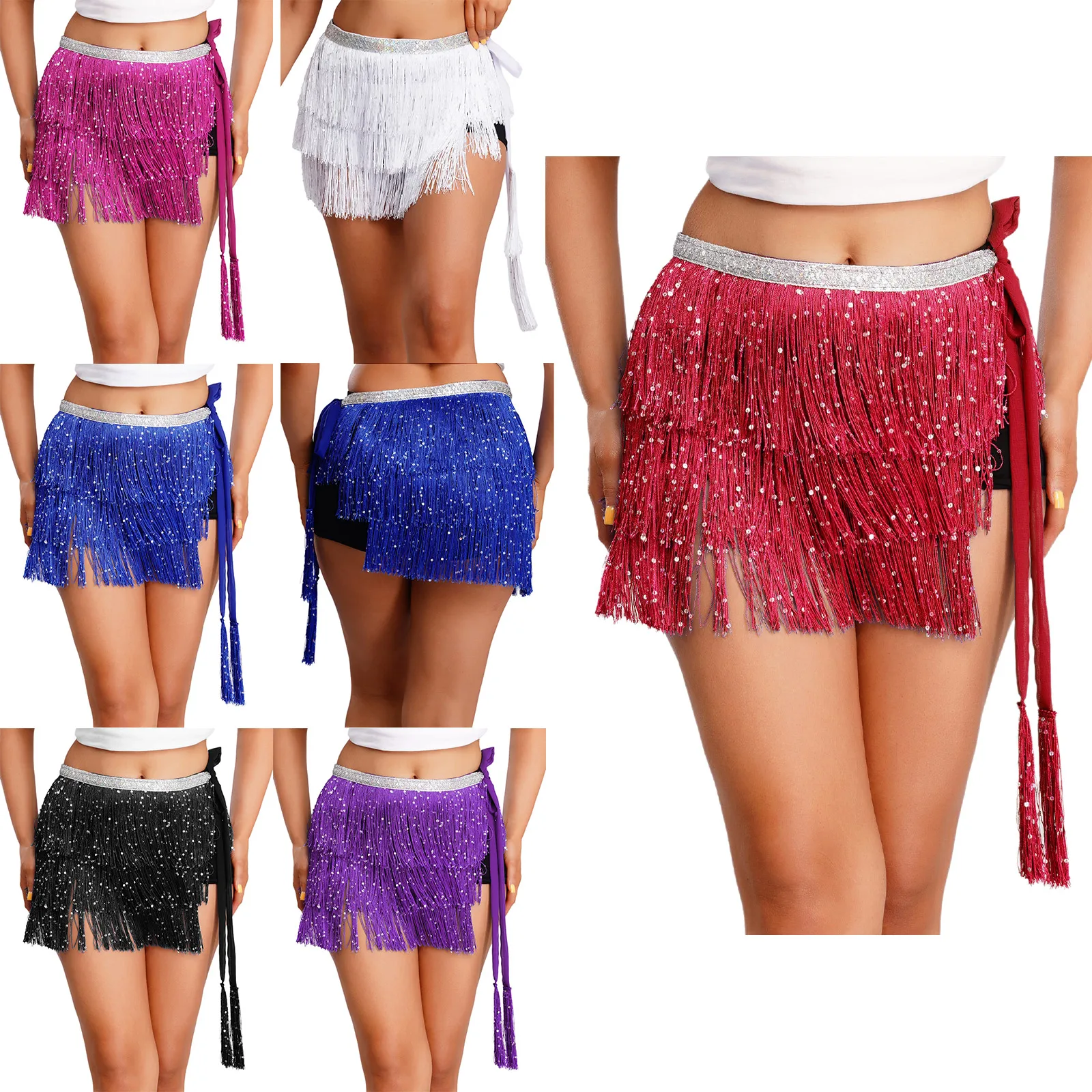 Damska orientalna indyjska arabska spódnica do tańca brzucha z błyszczącymi cekinami, warstwowa, z frędzlami, sznurowana, spódnica na biodra, kostium na rave, festiwal muzyczny.