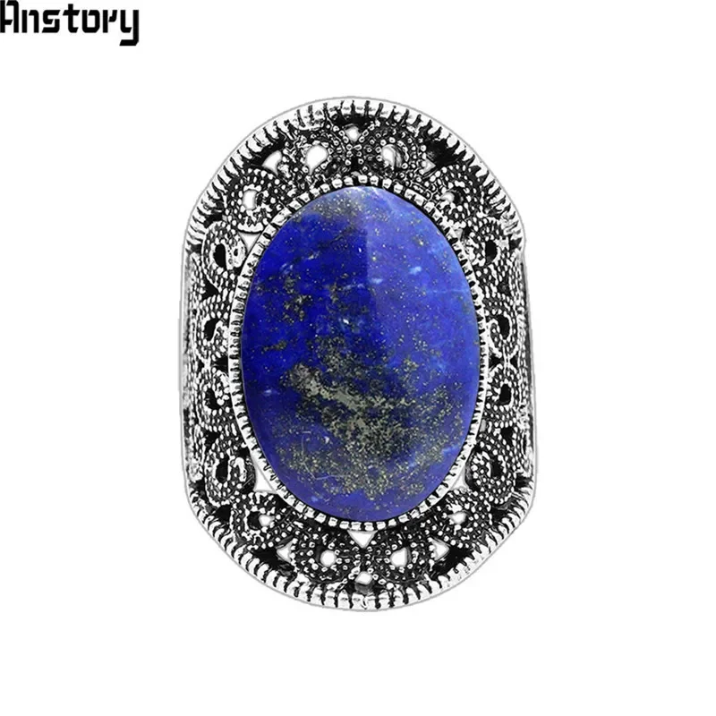 Oval Lapis Lazuli Rings For Women Natural Stone Flower Rings Vintage Antique Silver Plated Fashion Jewelry TR622