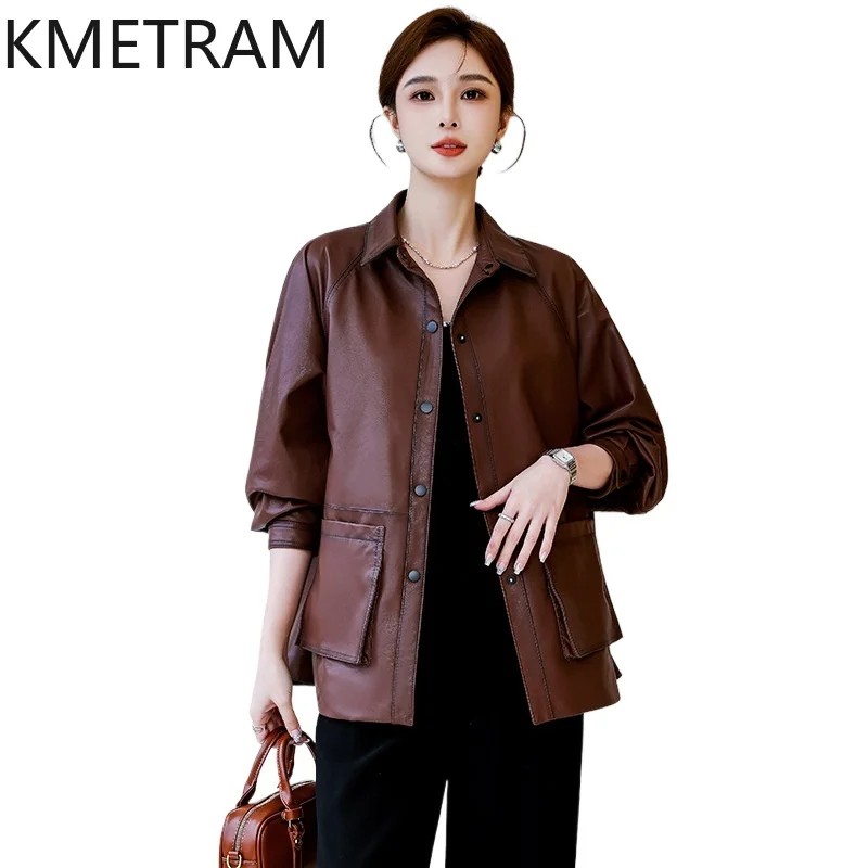 KMETRAM Top-Layer Sheepskin Genuine Leather Jacket Woman Casual Mid-Length Coat Korean Style Loose Coat Women Clothing 2026 가죽자켓