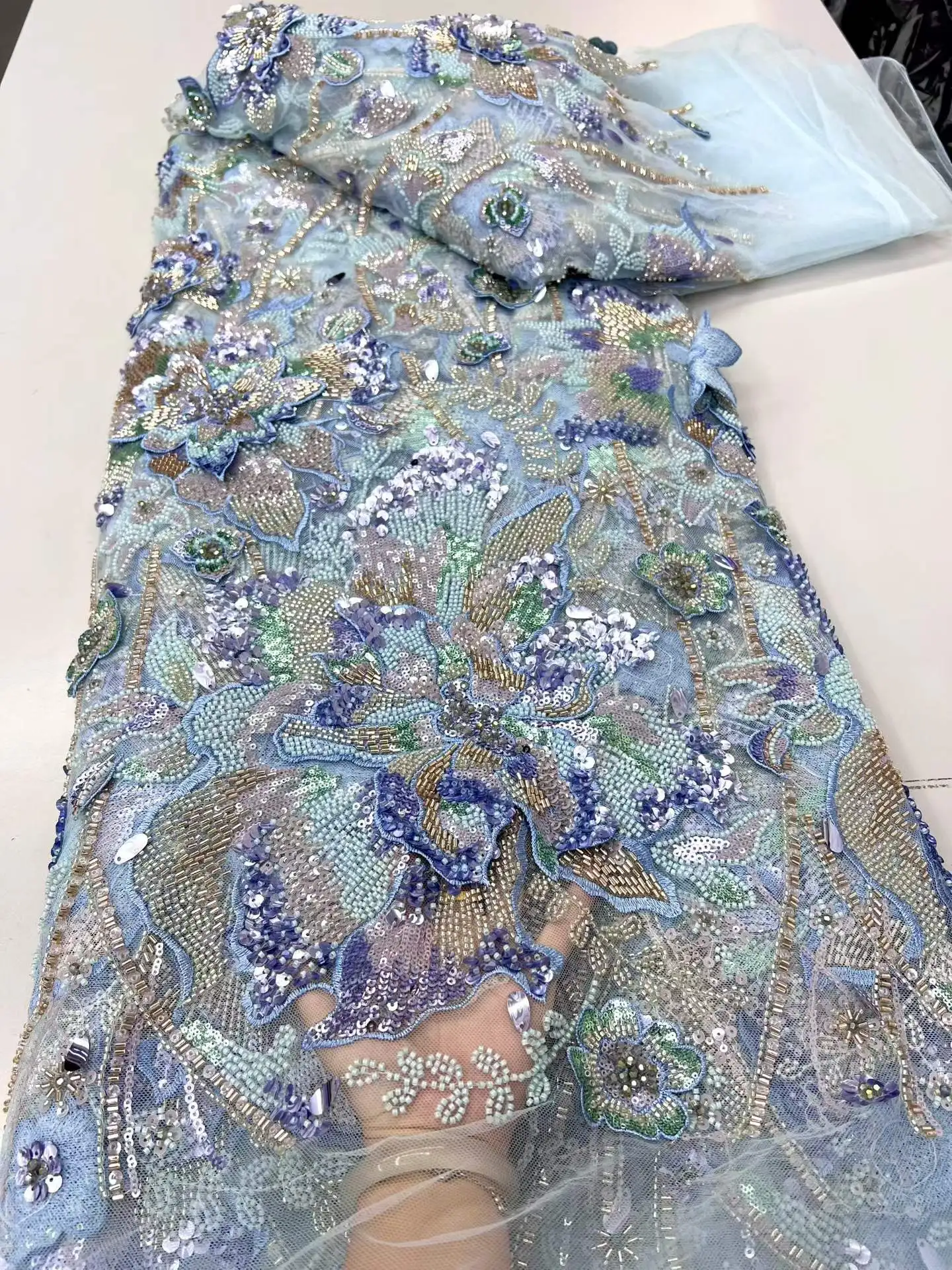 Luxury African Net Lace Fabric with Sequins Embroider 2026 High Quality Nigerian French Beaded Tulle 5 Yards for Wedding Party