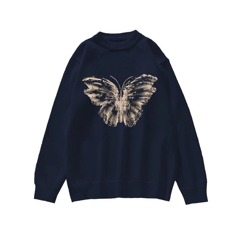 Vlinderpatroon Ronde Hals Hoodie Trui Voor Vrouwen Herfst Winter Nieuwe Japanse Retro Luie Stijl Zachte Losse Dikke Gebreide Top