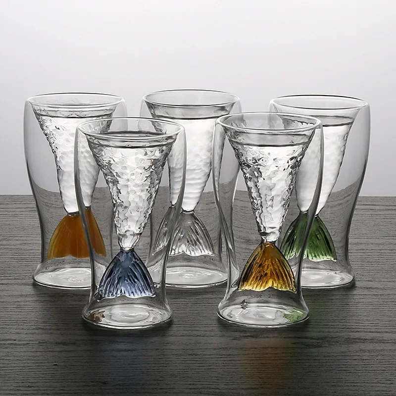 100ml Cute Mermaid Tail Wine Glass Double Wall Cocktail Glass Beer Whisky Cup Glassware Bar Tools