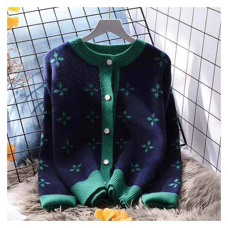 Women Korean Contrast Color Sweet Soft Button Knit Cardigan Spring Autumn Casual O Neck Long Sleeve Loose Sweaters Coats Clothes