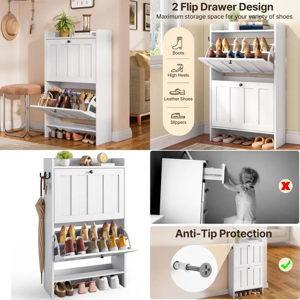 

Freestanding Slim Shoe Storage Cabinet with 2 Flip Drawers for Entryway, Open Rack Design for Narrow Spaces