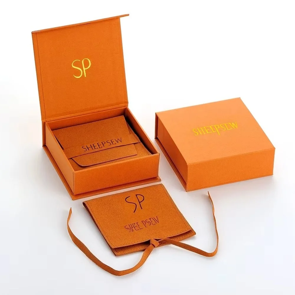 

Luxury Microfiber Pouch Magnet Closure Boxes Orange Magnetic Jewellery Gift Paper Box Gold Logo Flip Jewelry Packaging