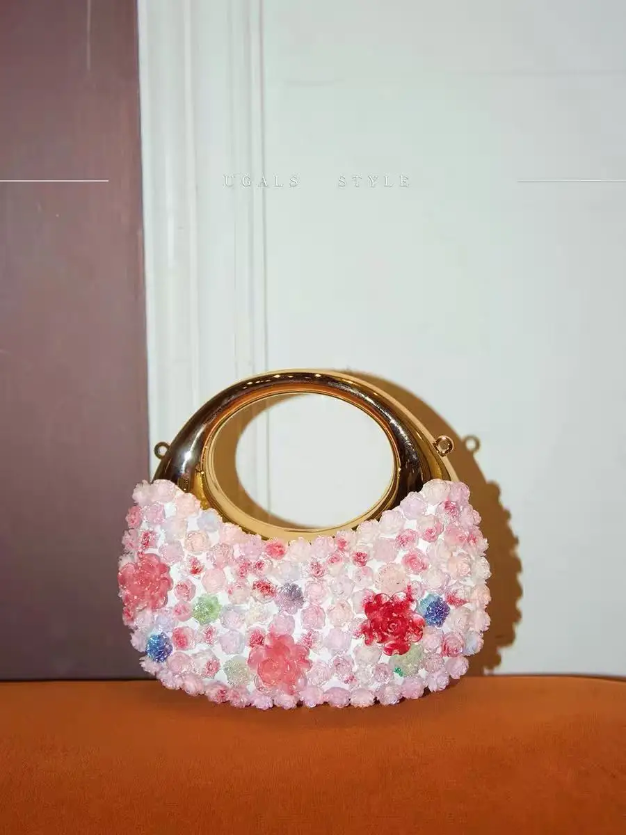 

Fashion Appliques Rose Floral Mini Bag Luxury Mirror Acrylic Clutch Purse Exquisite Women Handbag Shoulder Crossbody Chain Bag