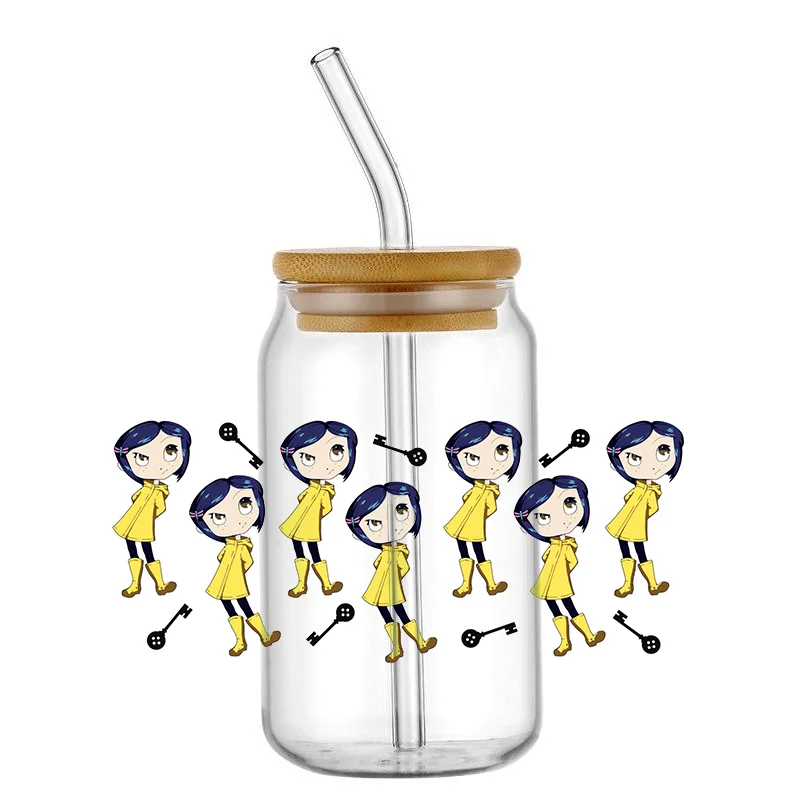 Coraline UV DTF Cup Wrap Transfer per vetro 16oz Cartoon Girl Transfers Stickers Cup decalcomanie