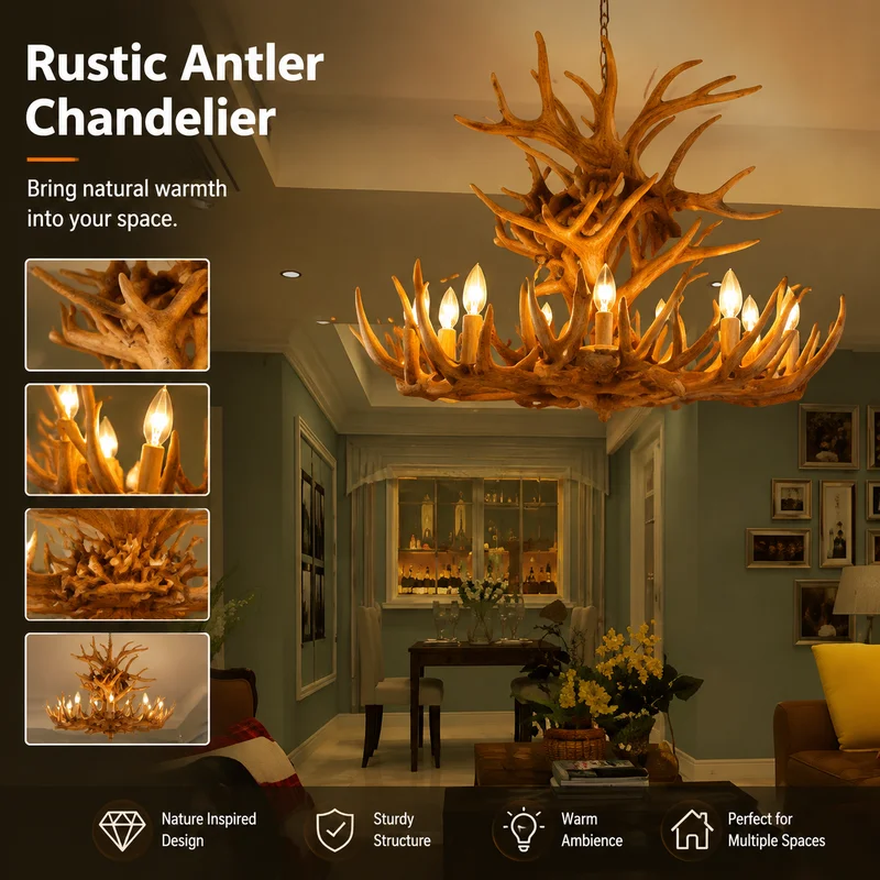 Antler Chandelier Rustic Industrial Deer Horn Pendant Light Resin Decor for Restaurant Dining Room Bar Shop Luxury Ceiling Lamps