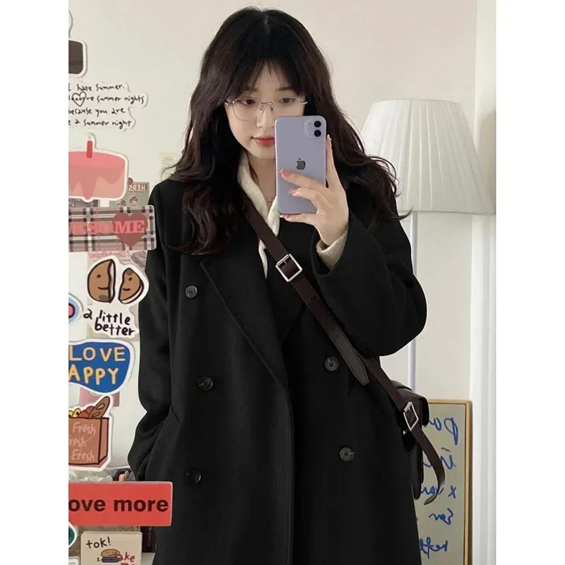 Plus Size Women's Loose-Fit Slimming Black Woolen Jacket Medium-Length Thickened Cashmere Overcoat Korean Style Fall Winter 2024