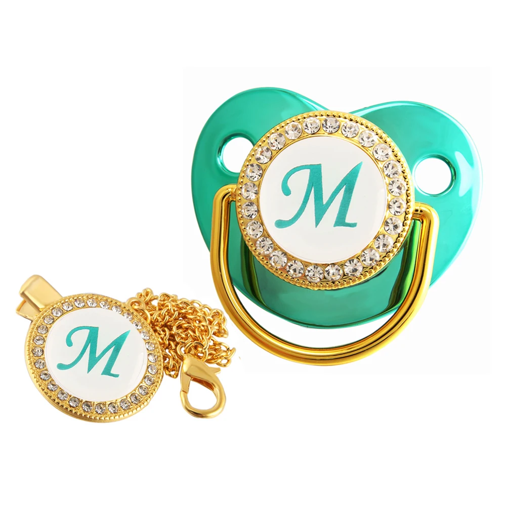 Luxury Baby Pacifier With Chain Clip Newborn Metallic Teal Green 26 Name Initial Letter Baby Dummy Soother Nipple 0-18 Months