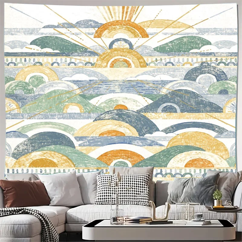 Ästhetischer japanischer Wellen-Sonnenuntergang-Wandteppich, Boho-Chic, nautisch, abstrakt, tropisch, minimalistisch, Raumdekoration, Kunstdruck auf Leinwand