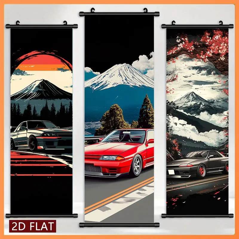 Japanese-Style Sports Car Scroll Tapestry, Retro Anime-Style Racing Car Vertical Wall Hanging, Bedroom Wall Backdrop