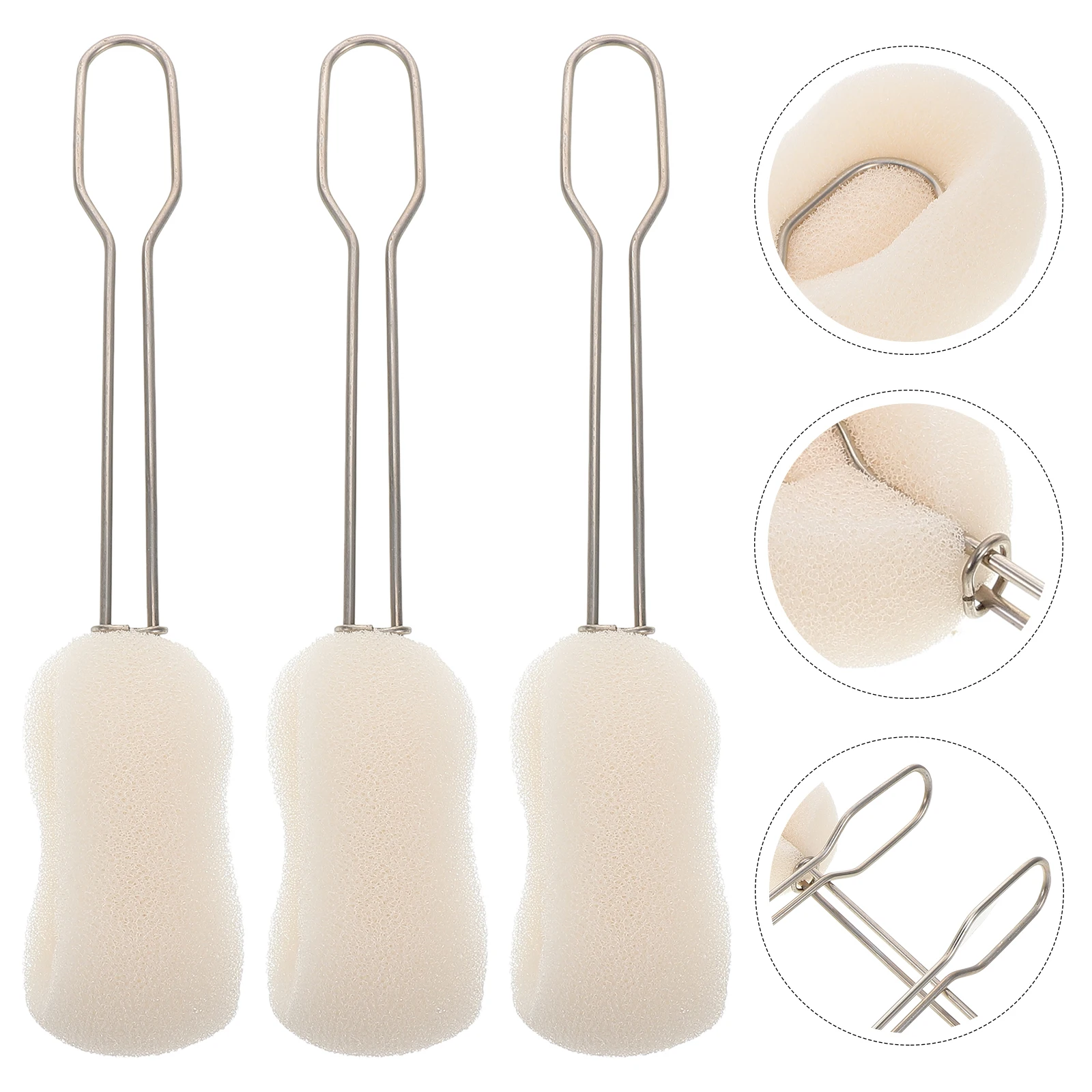

3pcs Sponge Cleaning Brush Long Stainless Steel Handle Bottle Cup Washing Tool Hollow Handle Design Easy Storage For Home