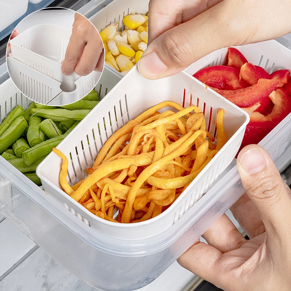 4 Grid Refrigerator Storage Box Food Vegetable Fruit Storage Box Fridge Organizer Drain Basket Meat Onion Ginger Clear Crisper