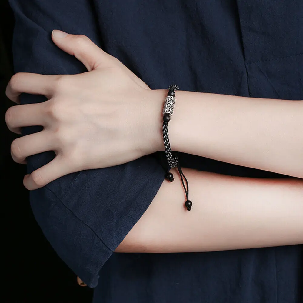Real 999 Fine Silver Sutra Tube Handmade Black White Cord Bracelet 15.5cm+8cm L