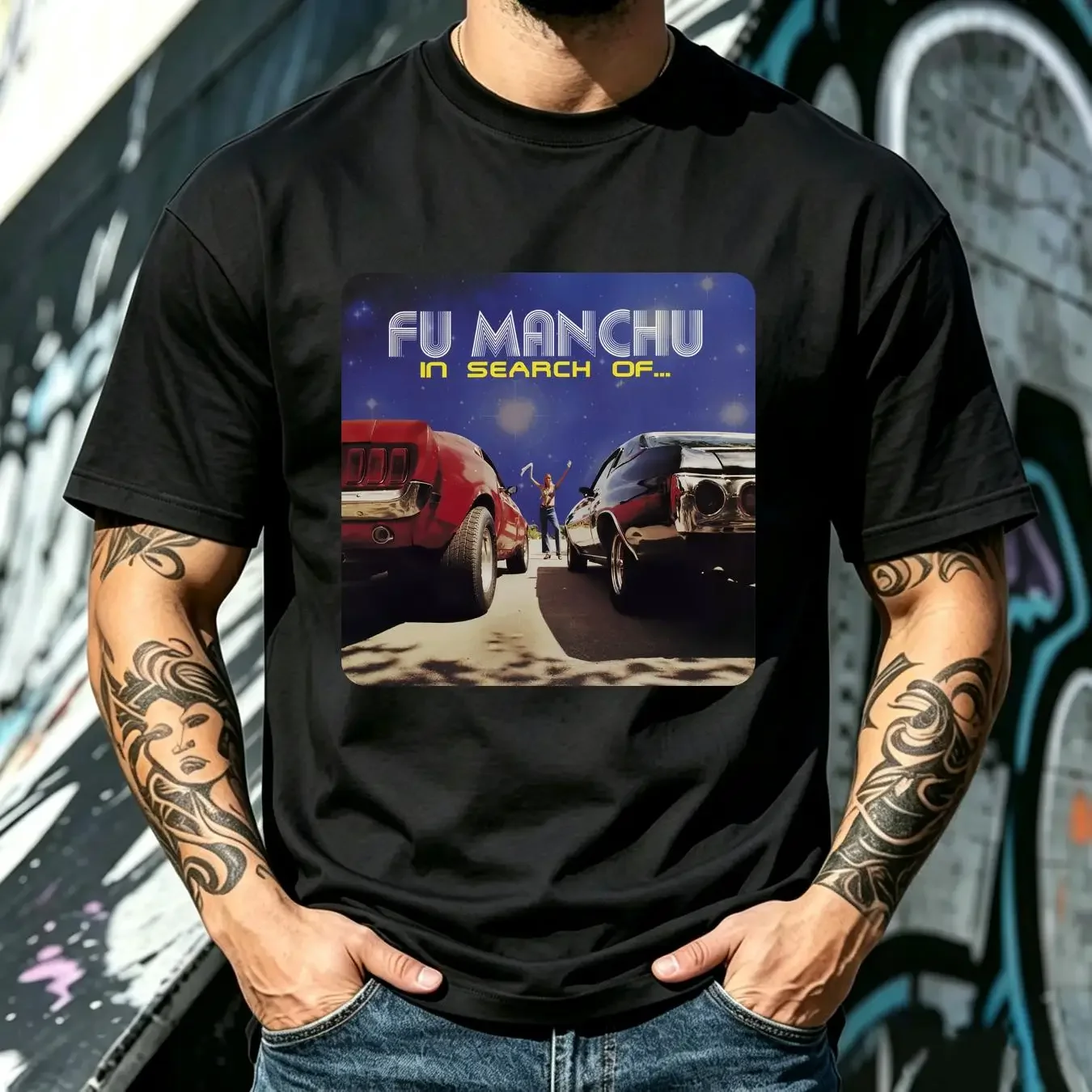 washed T Shirt In Search Of Fu Manchu Rock Band Clone the Universe Gigantoid vintage Washed Casual fashion Stylish streetwear