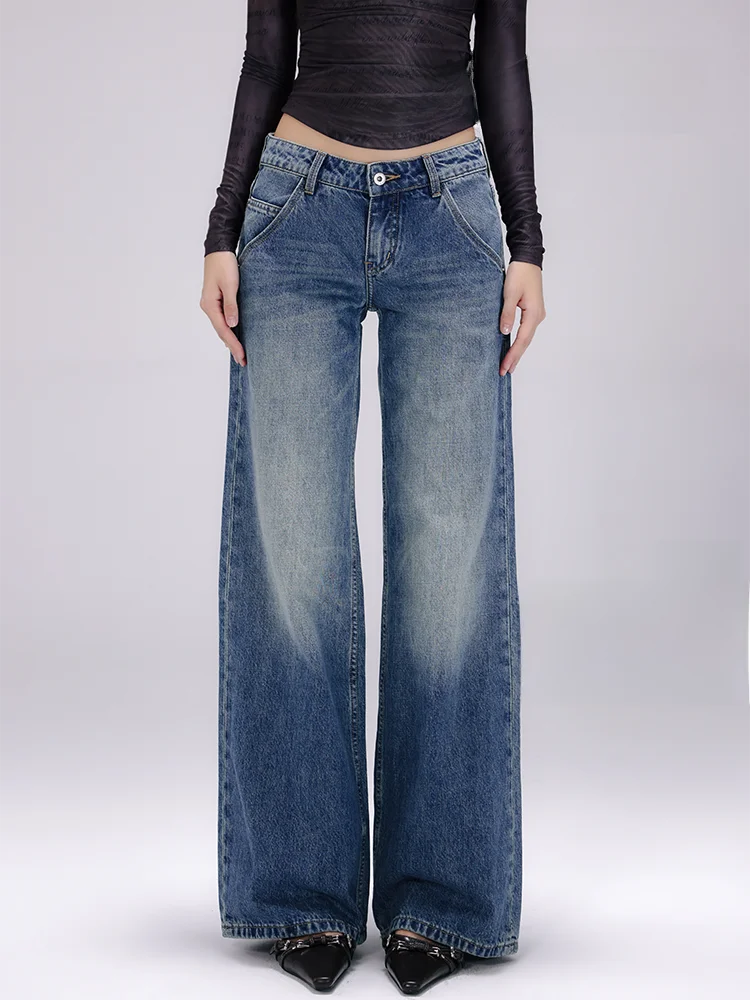 

Оригинальные синие тонкие широкие джинсы с низкой талией в стиле ретро, женские летние американские свободные узкие прямые брюки длиной до пола