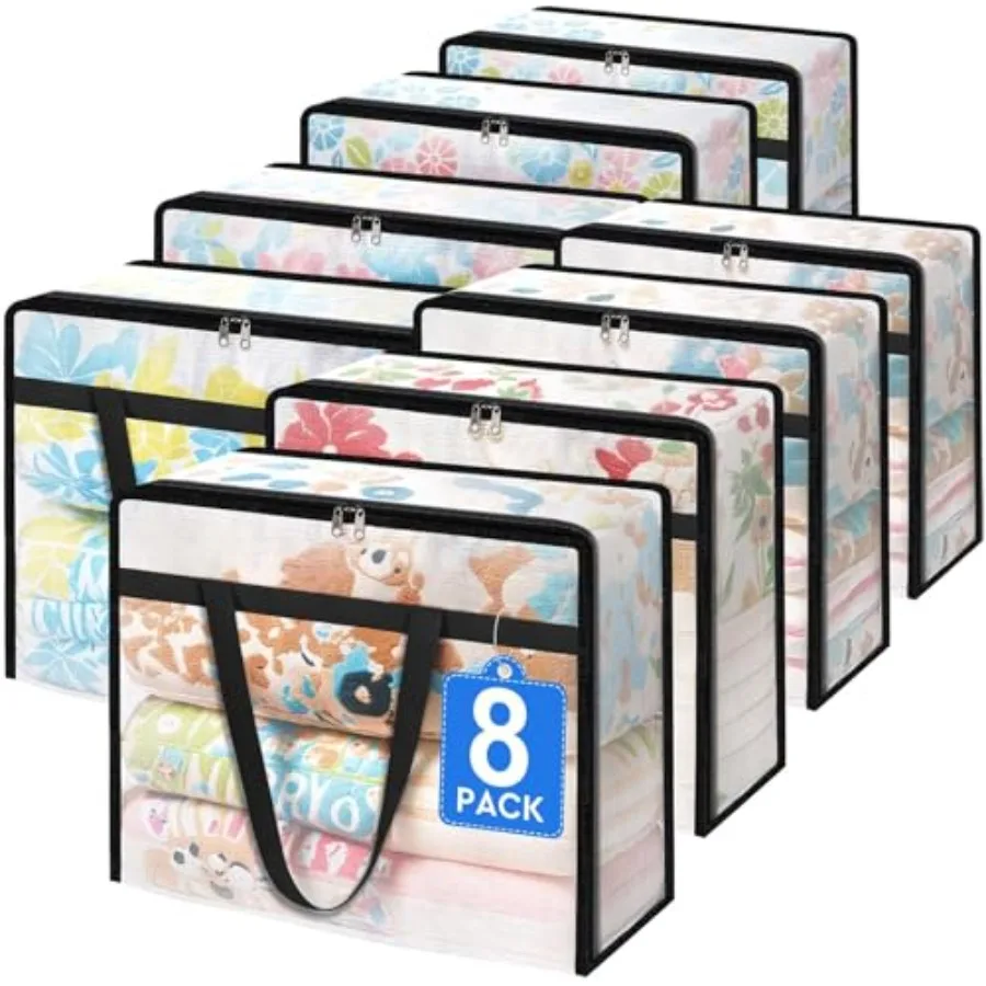 

Набор из 8 прозрачных складных сумок для хранения одежды и одеял под кроватью с прочной молнией и ручками