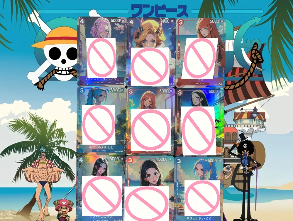 Juego de 9 cartas coleccionables de la serie One Piece, con personajes de la serie M: Nami, Robin, Uta, Perona, Hancock y Yamato, de estilo anime, con diseños atractivos.