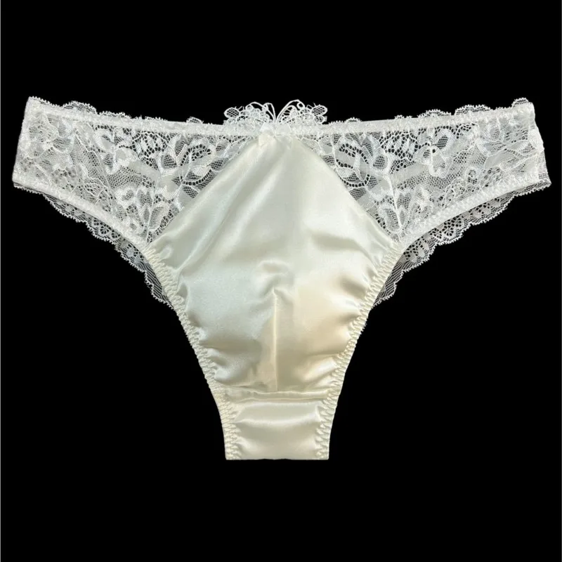 Men's Sexy Thong Mulberry Silk Low Waist Convex Pouch Underwear Lace See Through Bow Crossdressing T-back G-string Briefs