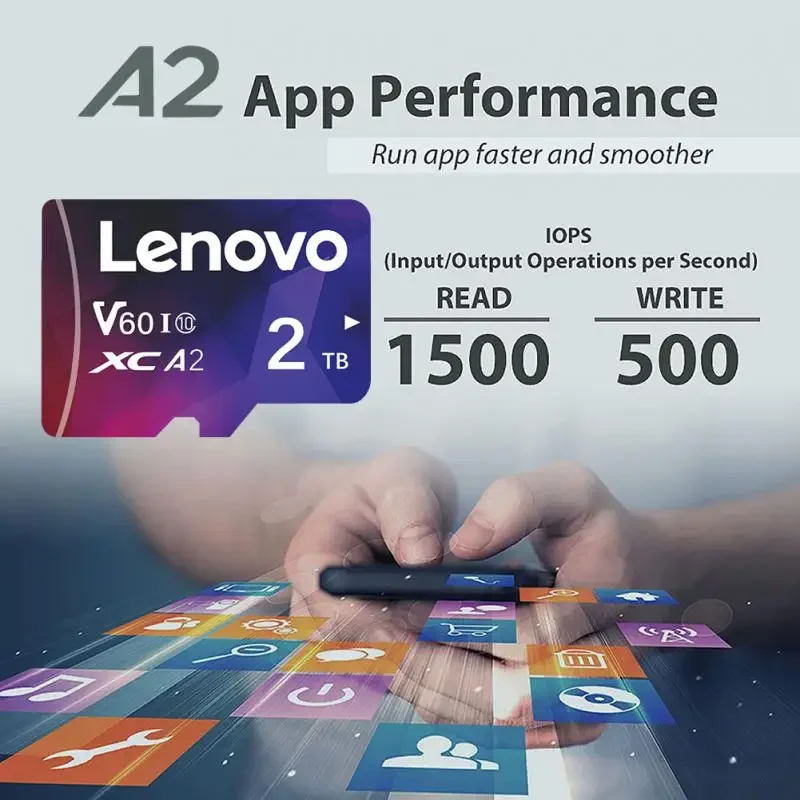 Lenovo-Cartão de Memória de Alta Velocidade para Celular, Cartão Micro TF, Cartão SD, Flash TF Cards, 512GB, A2, 1 TB, 2TB, 256GB, 128GB, C10