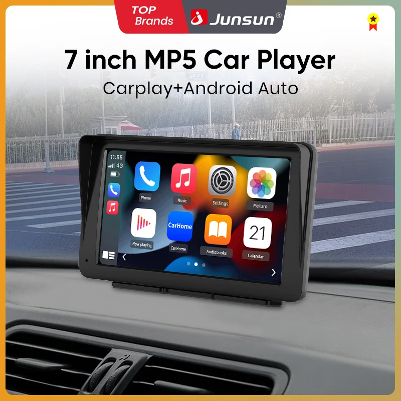 Junsun 7-calowy Przenośny Ekran Dotykowy Carplay dla Apple Android Auto Radio Samochodowe Multimedialny Odtwarzacz Wideo Bluetooth FM AUX GPS