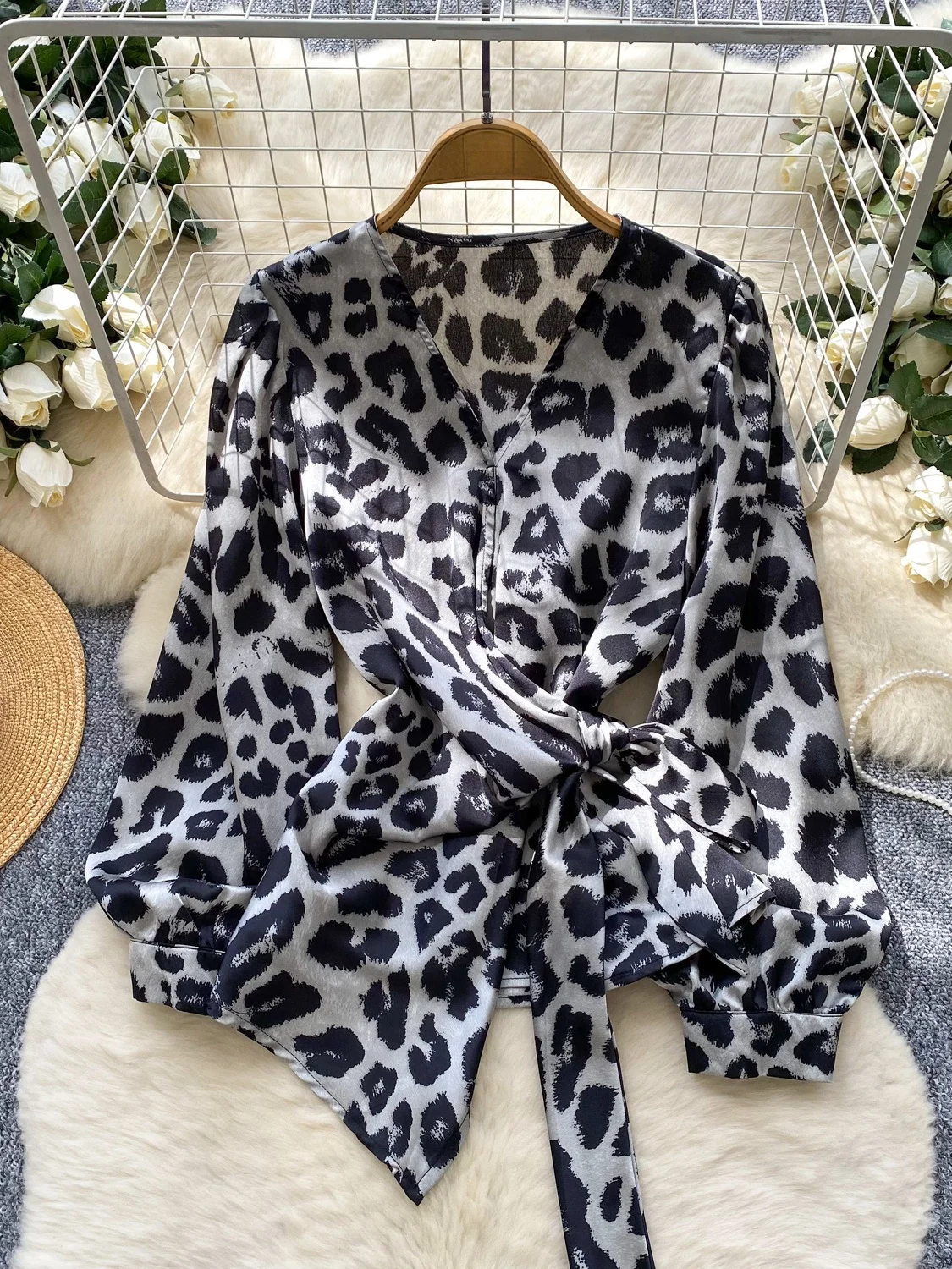 Cross-Band Waist-Cinching Lantern Sve Leopard Print irt Trendy Asymmetrical Design Loose Fit Polyester Fiber Women's irt