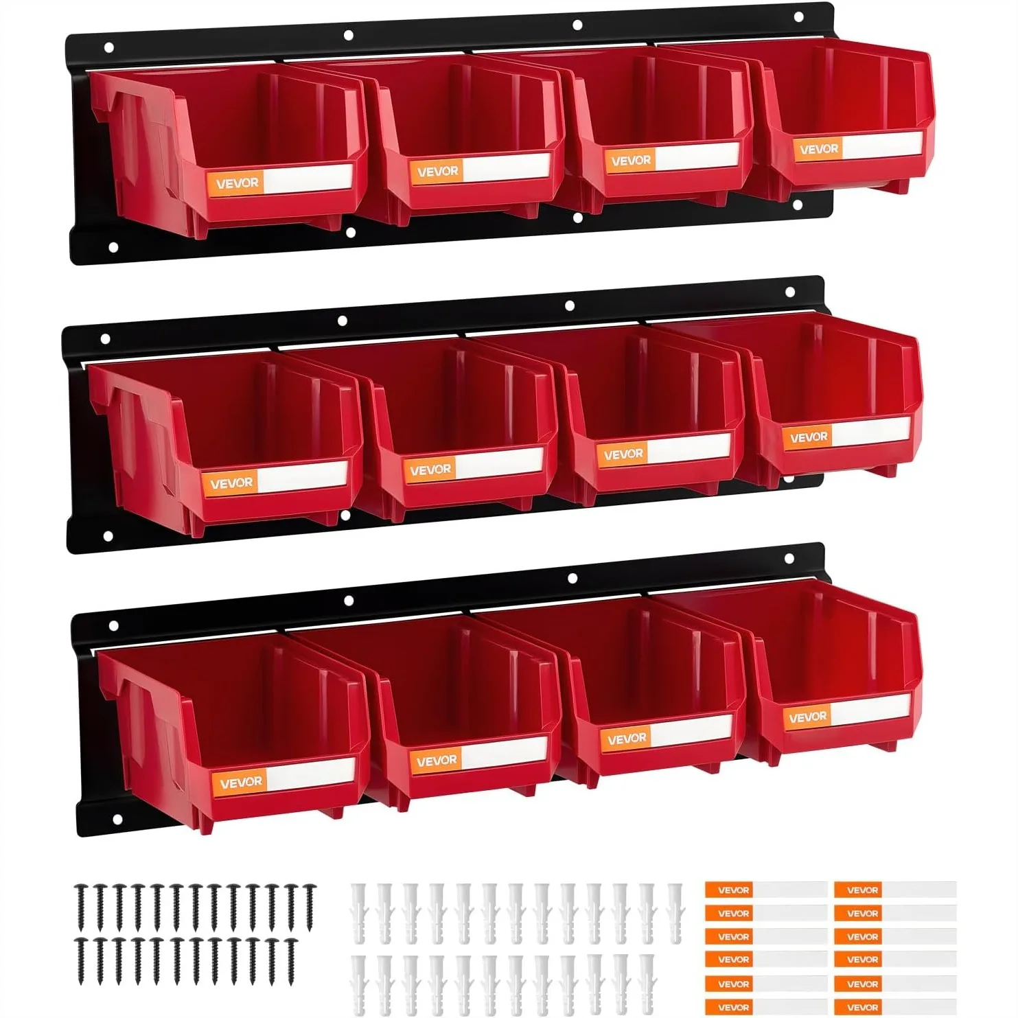 

Wall Mounted Storage Bins with 12 Plastic Bins & 3 Metal Rails, Stackable Hanging Organizer for Screws Nuts Bolts Hardware