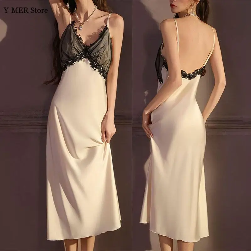 

Long Ice Silk Nightwear Women Elegant Home Dressing Gown Sleepwear Sexy Chemise Nightdress Lace Patchwork Pajamas Lingerie