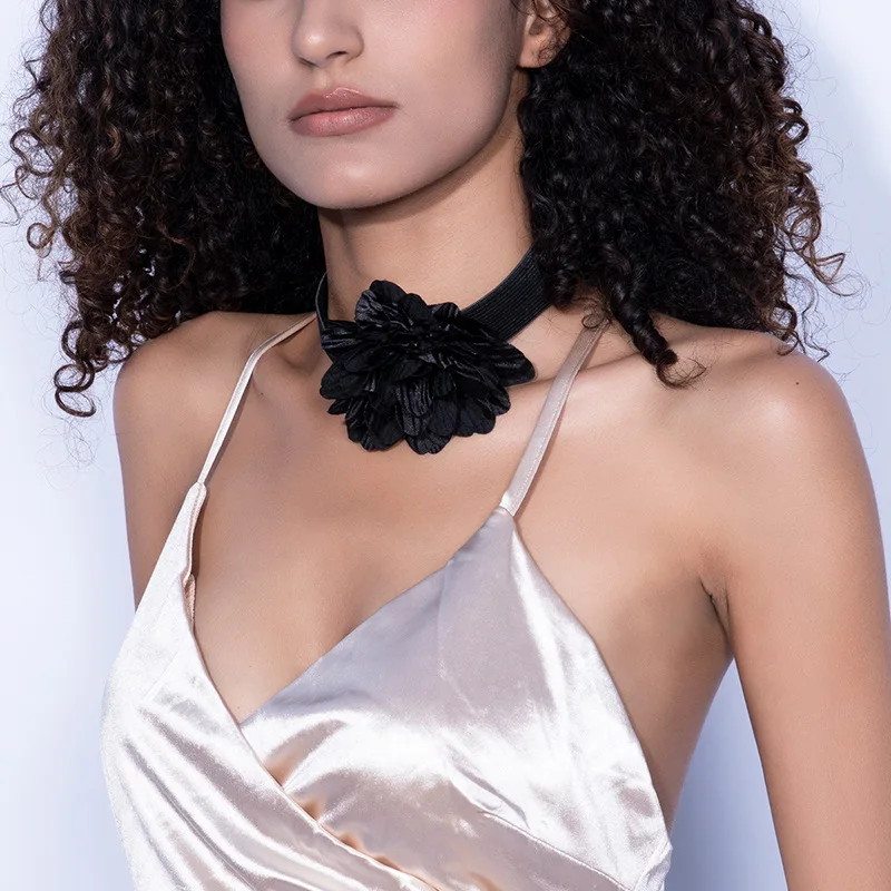 Elegant Black Camellia Fabric Choker Necklace Adjustable Tie Closure Neckband for Women Romantic Floral Collar Lace Chain