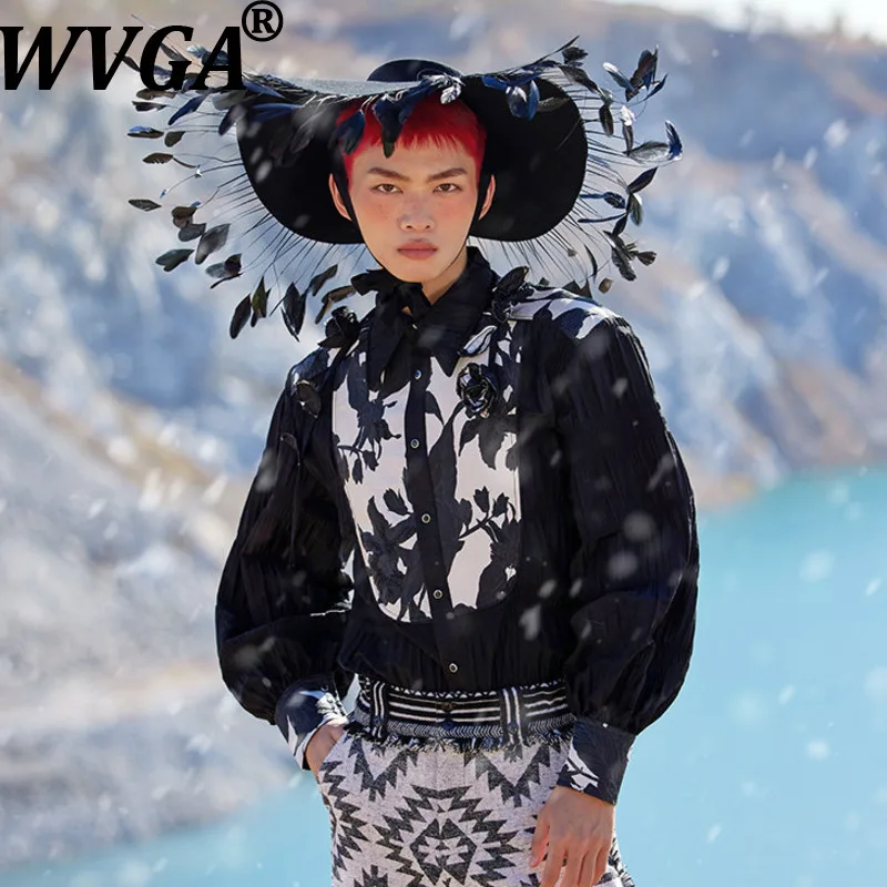 WVGA Spring Autumn New Men's Jacquard Three-Dimensional Flower Patchwork Pleated Long Sleeve Shirt Niche Chic Casual Tops W18622