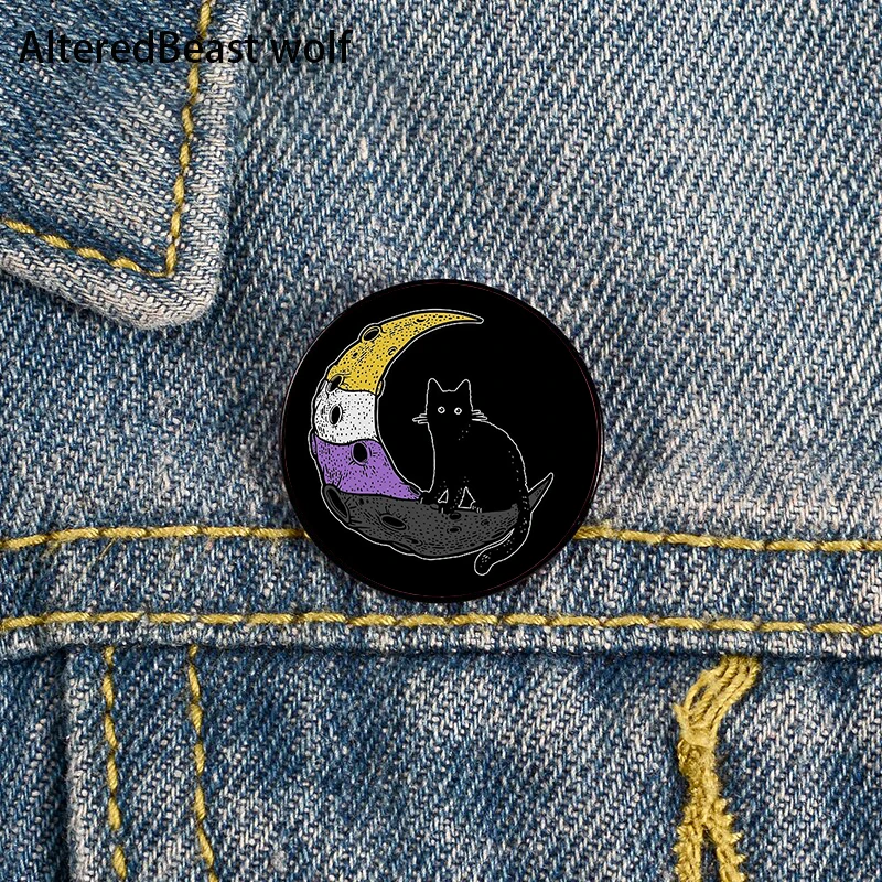 Non Binary Pride cat Pin Custom cute Brooches Shirt Lapel teacher tote Bag backpacks Badge Cartoon gift brooches pins for women