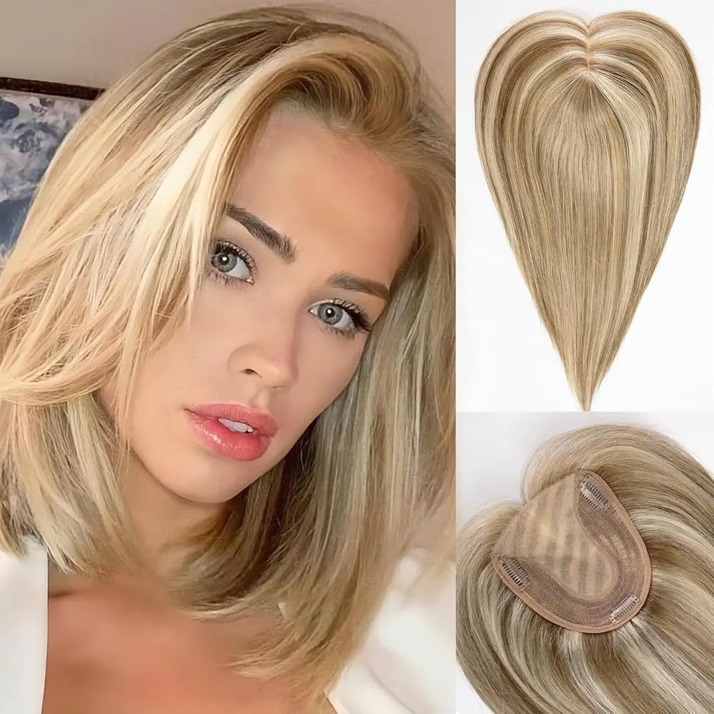 

Накладка для волос из натуральных человеческих волос Реми, светло-коричневая с блондом, на шелковой основе, прямая, 14 дюймов, для женщин