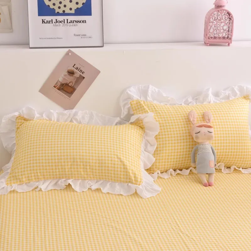 Princess Yellow Plaid Sleeping Pillowcases With Ruffles Minimalist Pillow Cover Pillow Case For Adults Kids Pillow Protectors