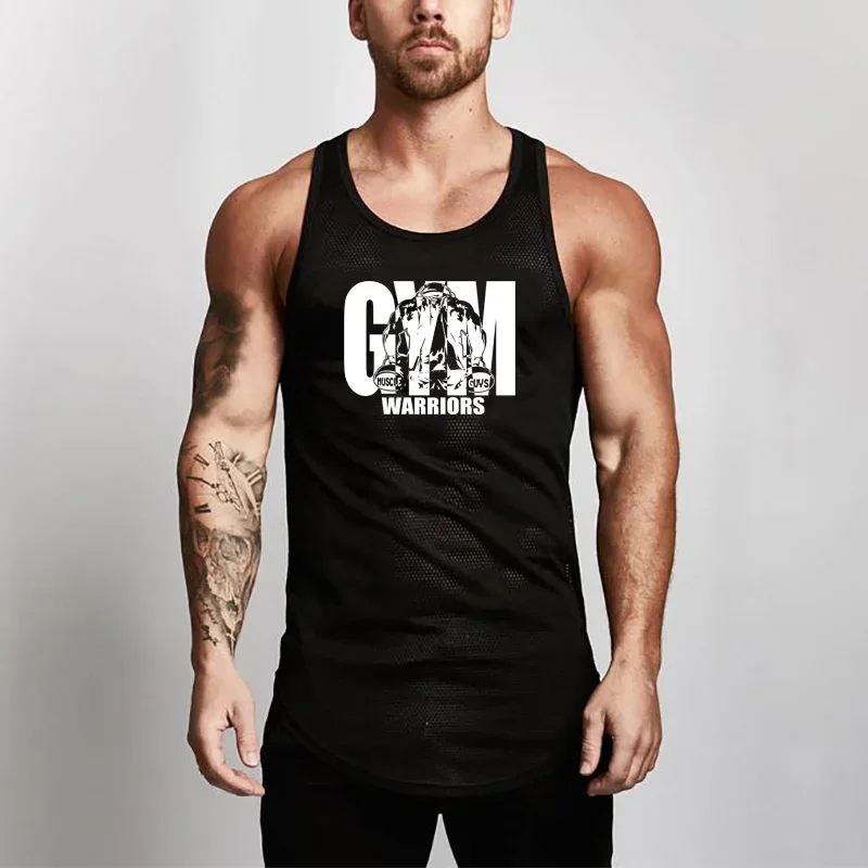 Gym Stringer Tank Tops Mens Bodybuilding Fitness Muscle Sleeveless T-shirts Summer Mesh Breathable Quick Dry Sports Vests