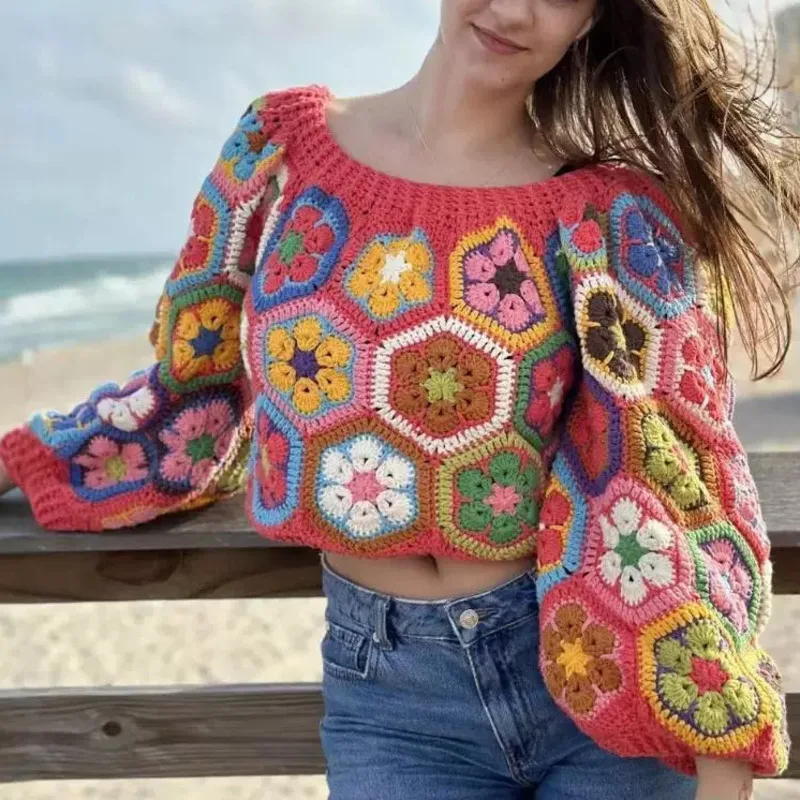 

Crochet Knitted Sweater For Women's Autumn New Style Loose Color-blocking Series Round Neck Comfortable Short Cardigan Sweater