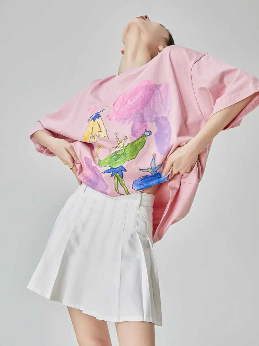 

Розовая футболка с коротким рукавом и бусинами, женская летняя свободная футболка в корейском стиле, модный топ с креативным радужным принтом, полиэстер