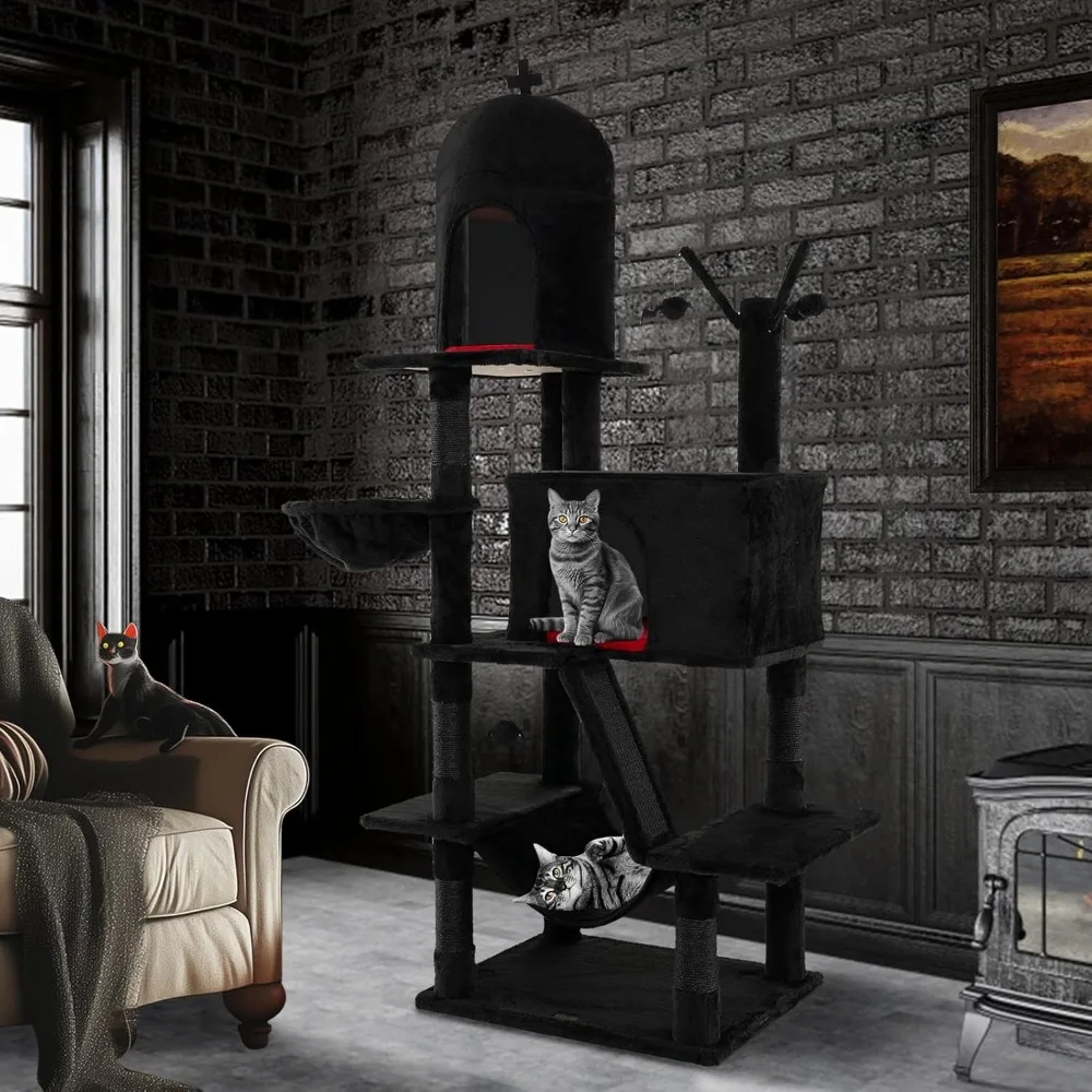 Gothic-Style 67 Tall Multi-Level Cat Tree with Scratching Posts, Ladder, and Hanging Toys for Spooky Playtime