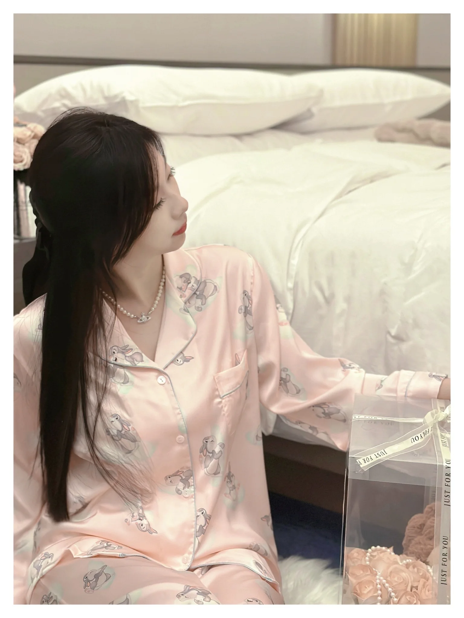 Sweet Girl Japanese Original Ice Silk Long-sleeved Pajamas Cute Cartoon Print Cool and Smooth Casual Loungewear Set