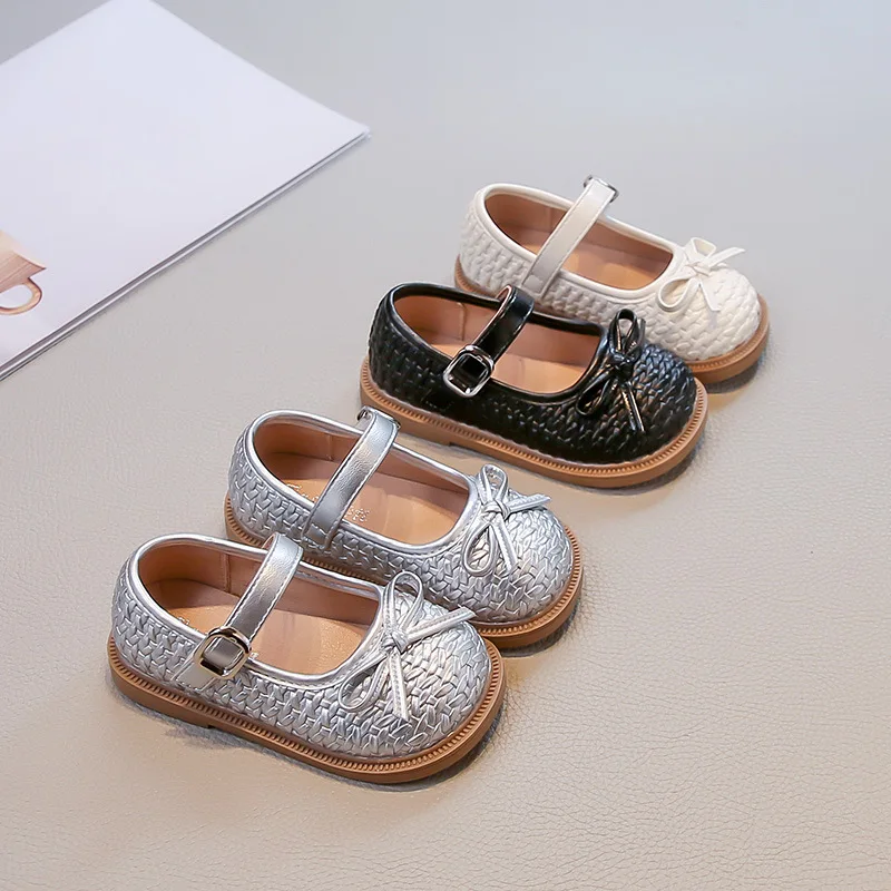 

Модная обувь для девочек на мягкой подошве, туфли принцессы на плоской подошве, тканый сказочный бант, Мэри Джейн, серебристый, черный, школьные лоферы без шнуровки, размер 23-35